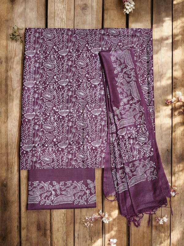 Wine Block Print Unstitched Silk Salwar Suit Dress Material with Dupatta