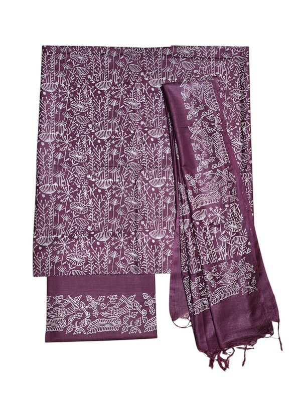 Wine Block Print Unstitched Silk Salwar Suit Dress Material with Dupatta