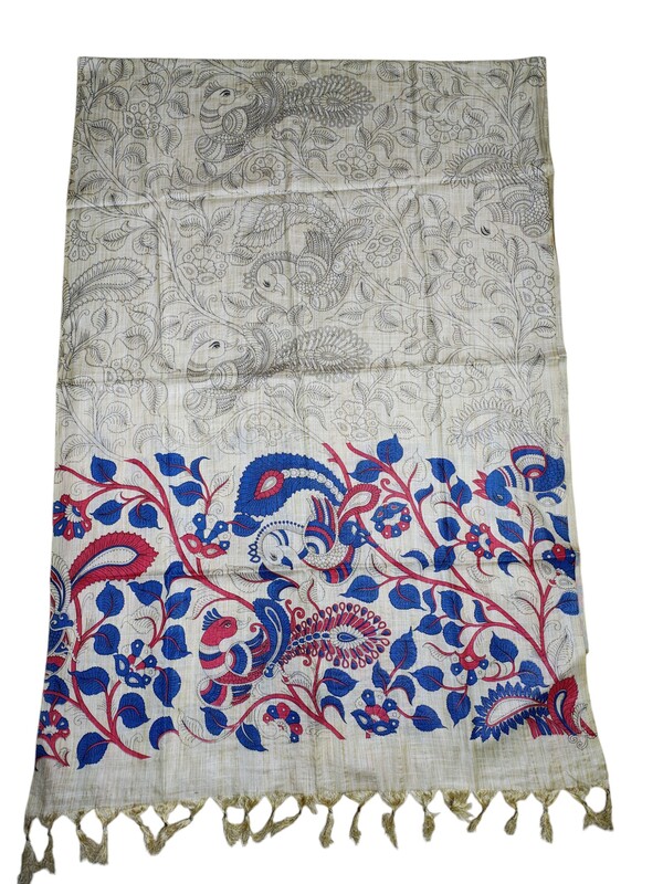Maroon & Teal Kalamkari Print Cotton Silk Dupatta for Women