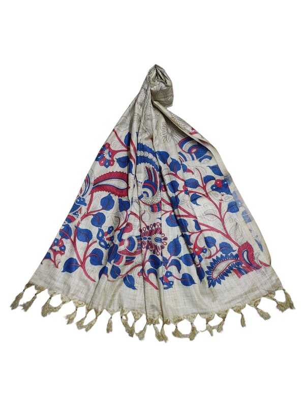 Maroon & Teal Kalamkari Print Cotton Silk Dupatta for Women