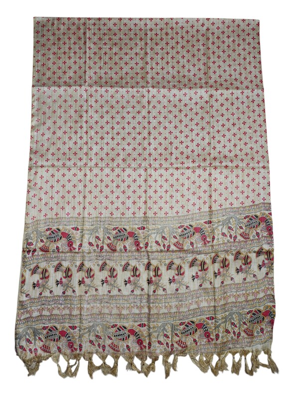 Maroon & Golden Madhubani Print Cotton Silk Dupatta for Women