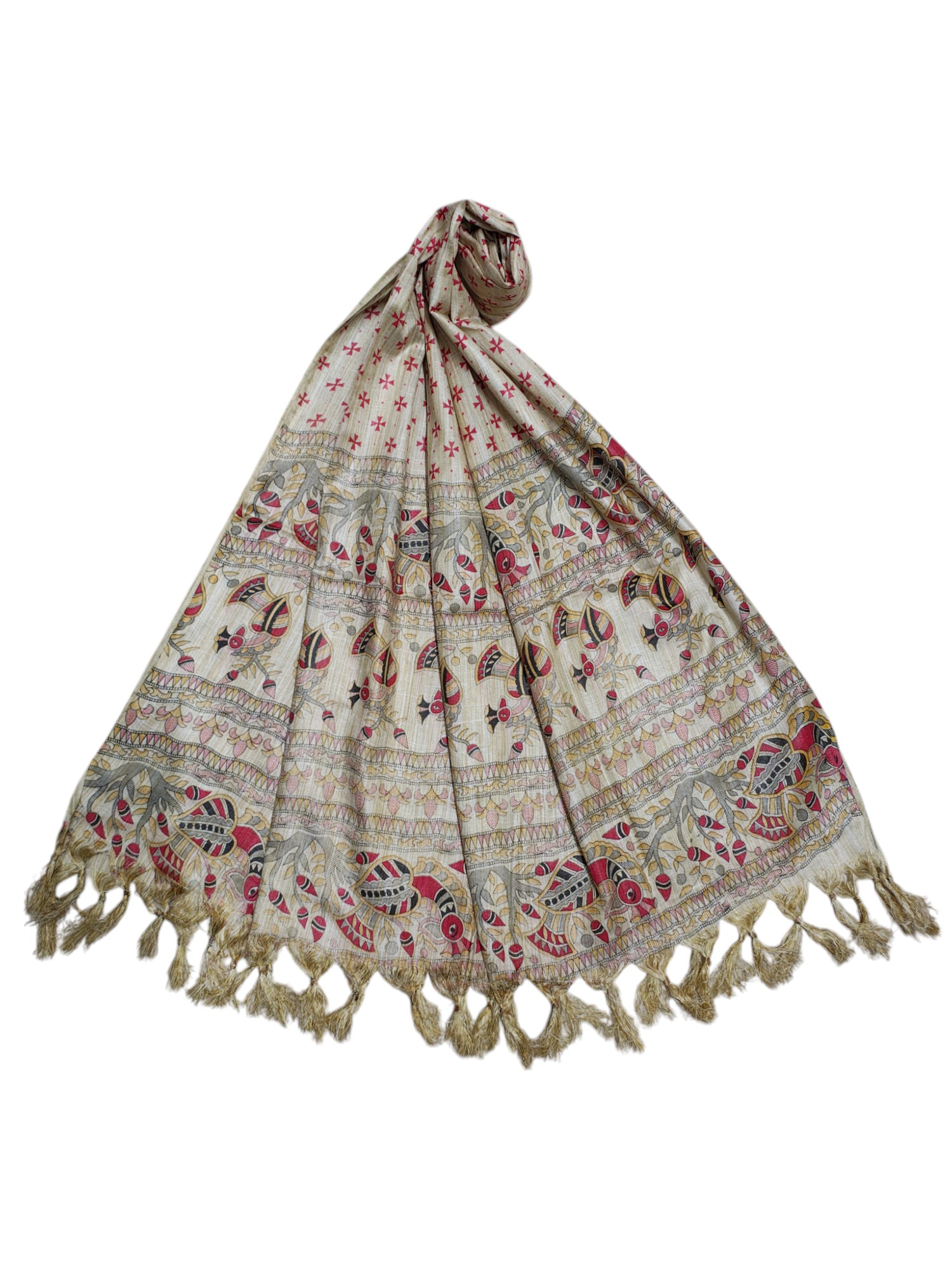 Maroon & Golden Madhubani Print Cotton Silk Dupatta for Women