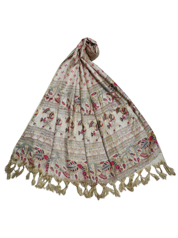 Maroon & Golden Madhubani Print Cotton Silk Dupatta for Women