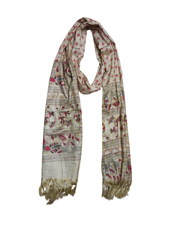 Maroon & Golden Madhubani Print Cotton Silk Dupatta for Women