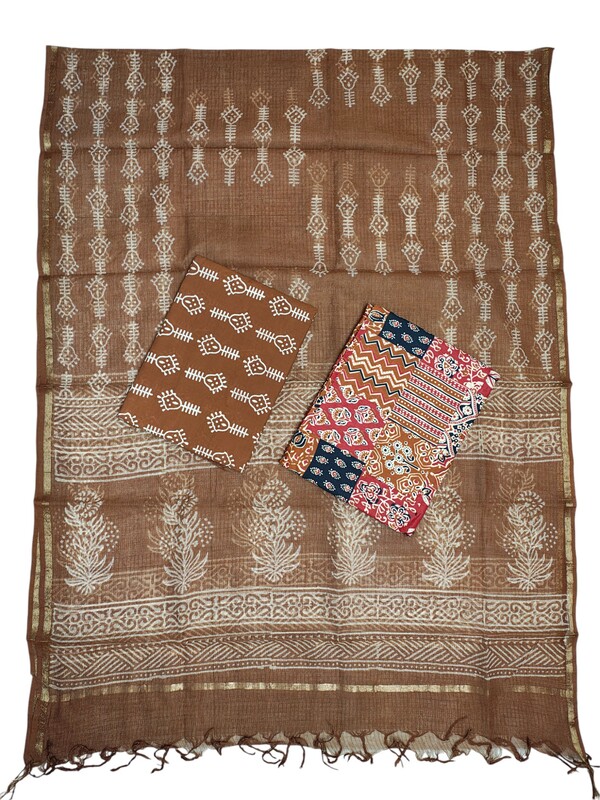 Maroon Hand block Print Unstitched Cotton Salwar Suit Set with Kota Doria Dupatta