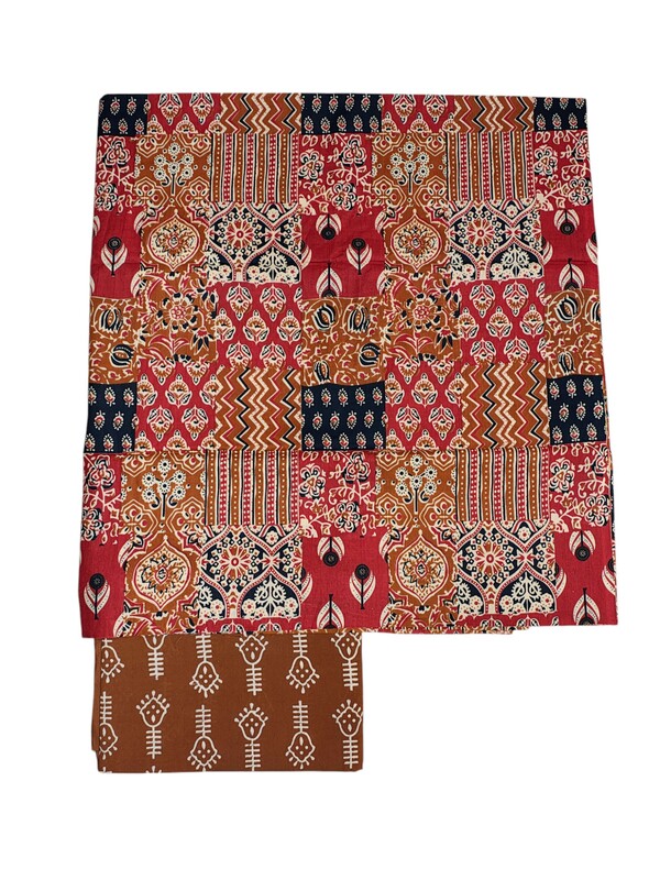 Maroon Hand block Print Unstitched Cotton Salwar Suit Set with Kota Doria Dupatta