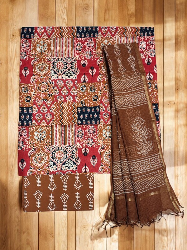 Maroon Hand block Print Unstitched Cotton Salwar Suit Set with Kota Doria Dupatta