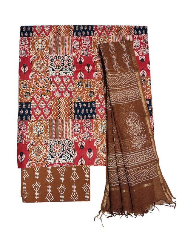 Maroon Hand block Print Unstitched Cotton Salwar Suit Set with Kota Doria Dupatta