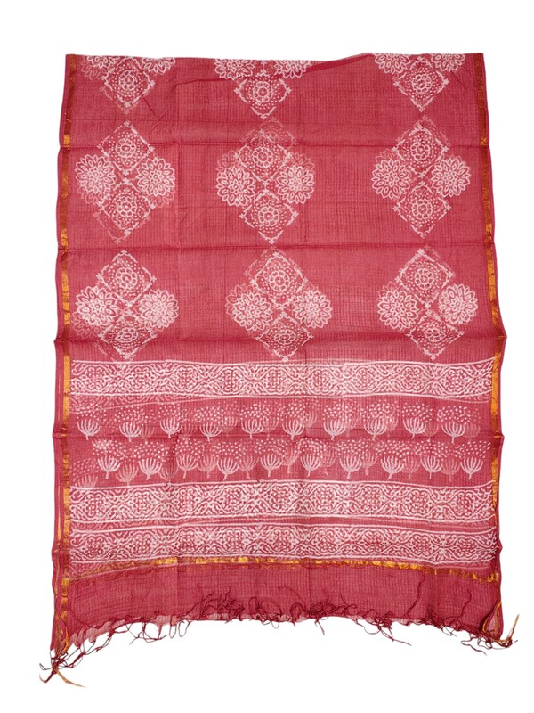 Mehdi Green Unstitched Hand block Print Cotton Salwar Suit Set with Kota Doria Dupatta