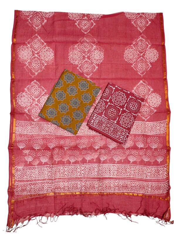 Mehdi Green Unstitched Hand block Print Cotton Salwar Suit Set with Kota Doria Dupatta