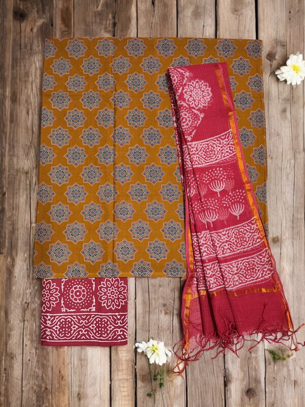 Mehdi Green Unstitched Hand block Print Cotton Salwar Suit Set with Kota Doria Dupatta