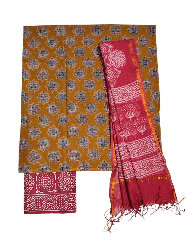 Mehdi Green Unstitched Hand block Print Cotton Salwar Suit Set with Kota Doria Dupatta