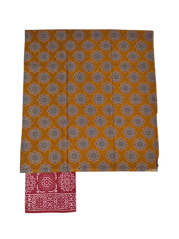 Mehdi Green Unstitched Hand block Print Cotton Salwar Suit Set with Kota Doria Dupatta