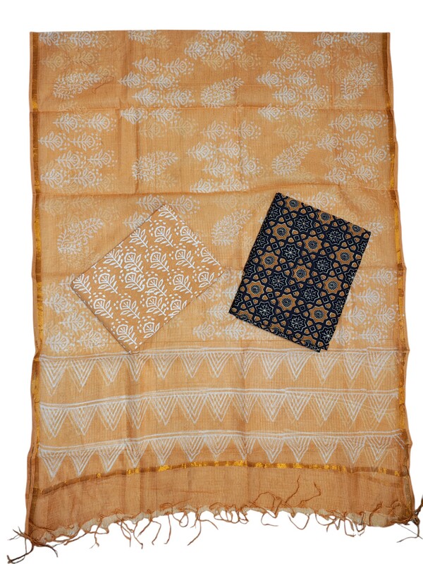 Peach Hand block Print Kota Doria Unstitched Salwar Suit Set