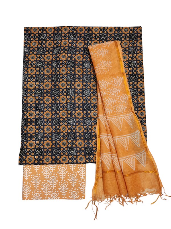 Peach Hand block Print Kota Doria Unstitched Salwar Suit Set
