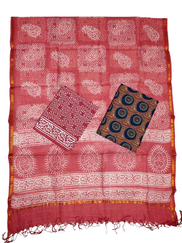 Blue & Red Unstitched Hand block Print Kota Doria Cotton Salwar Suit Set