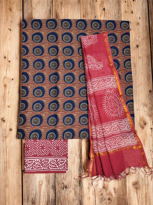 Blue & Red Unstitched Hand block Print Kota Doria Cotton Salwar Suit Set