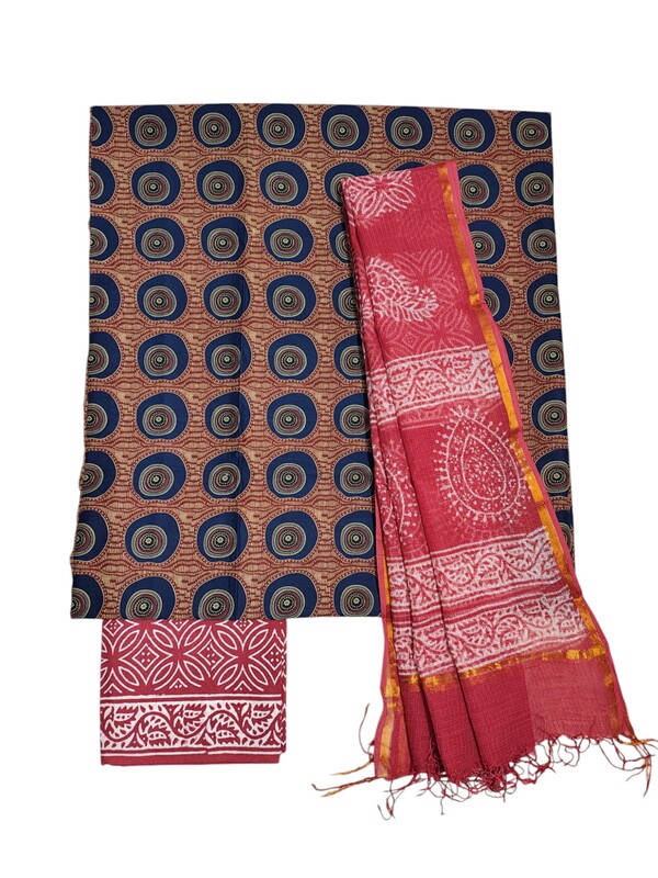Blue & Red Unstitched Hand block Print Kota Doria Cotton Salwar Suit Set