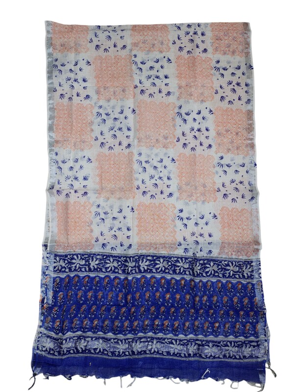 Indigo Hand block Print Cotton Unstitched Salwar Suit Set with Linen Dupatta for Women