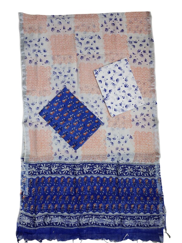 Indigo Hand block Print Cotton Unstitched Salwar Suit Set with Linen Dupatta for Women