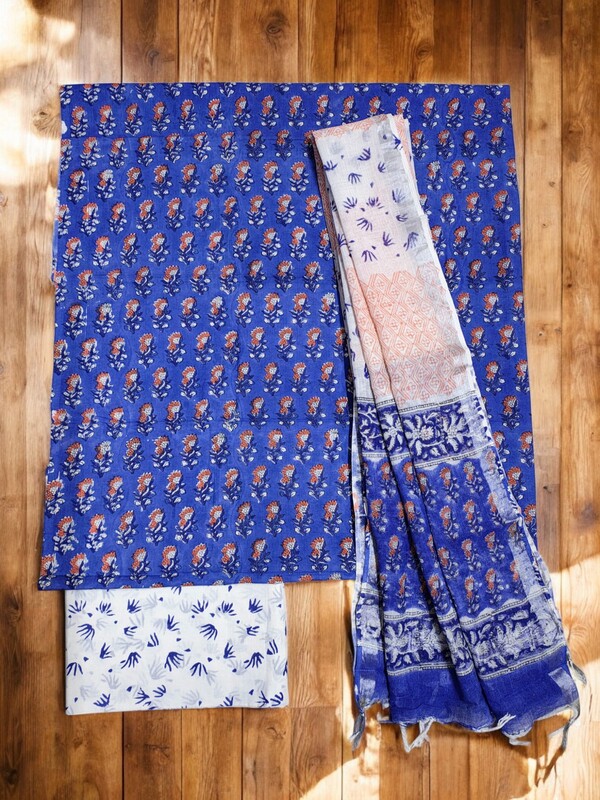 Indigo Hand block Print Cotton Unstitched Salwar Suit Set with Linen Dupatta for Women