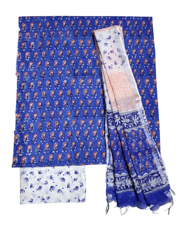 Indigo Hand block Print Cotton Unstitched Salwar Suit Set with Linen Dupatta for Women