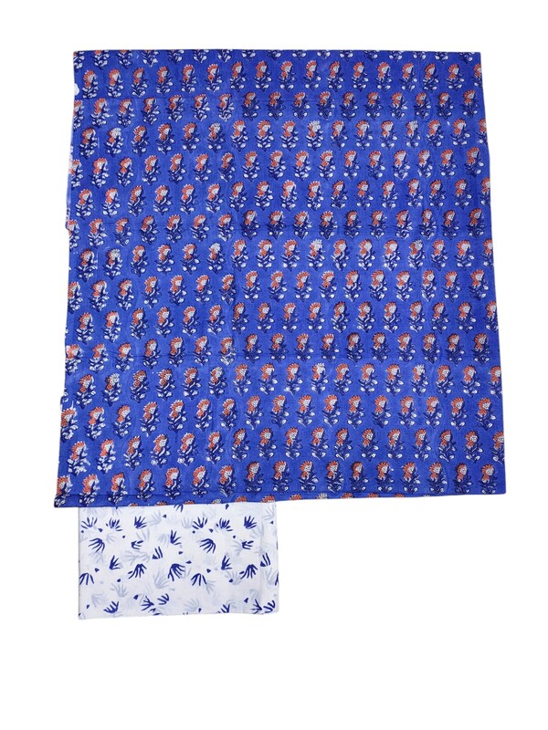 Indigo Hand block Print Cotton Unstitched Salwar Suit Set with Linen Dupatta for Women