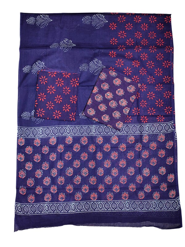 Wine Hand Block Print Unstitched Cotton Salwar Suit Set with cotton Dupatta for Women