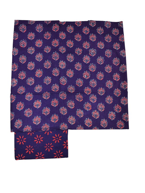 Wine Hand Block Print Unstitched Cotton Salwar Suit Set with cotton Dupatta for Women