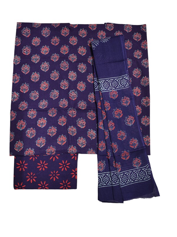 Wine Hand Block Print Unstitched Cotton Salwar Suit Set with cotton Dupatta for Women