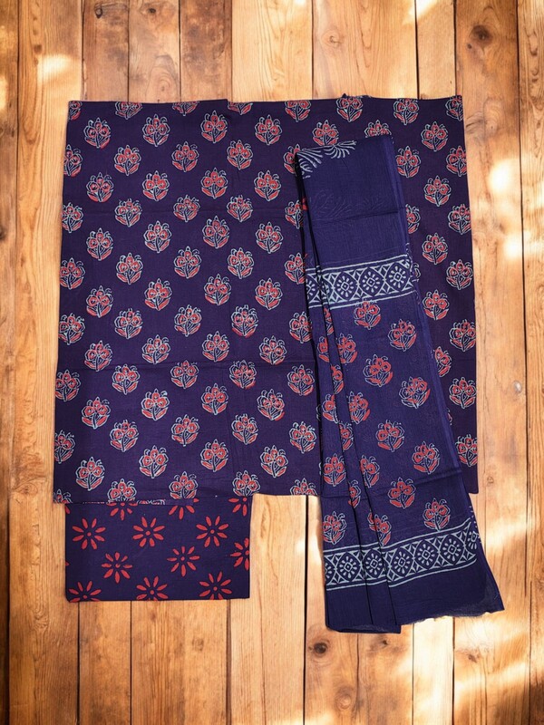Wine Hand Block Print Unstitched Cotton Salwar Suit Set with cotton Dupatta for Women