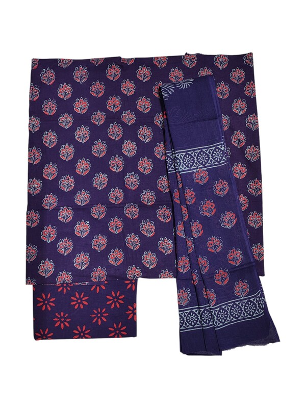 Wine Hand Block Print Unstitched Cotton Salwar Suit Set with cotton Dupatta for Women