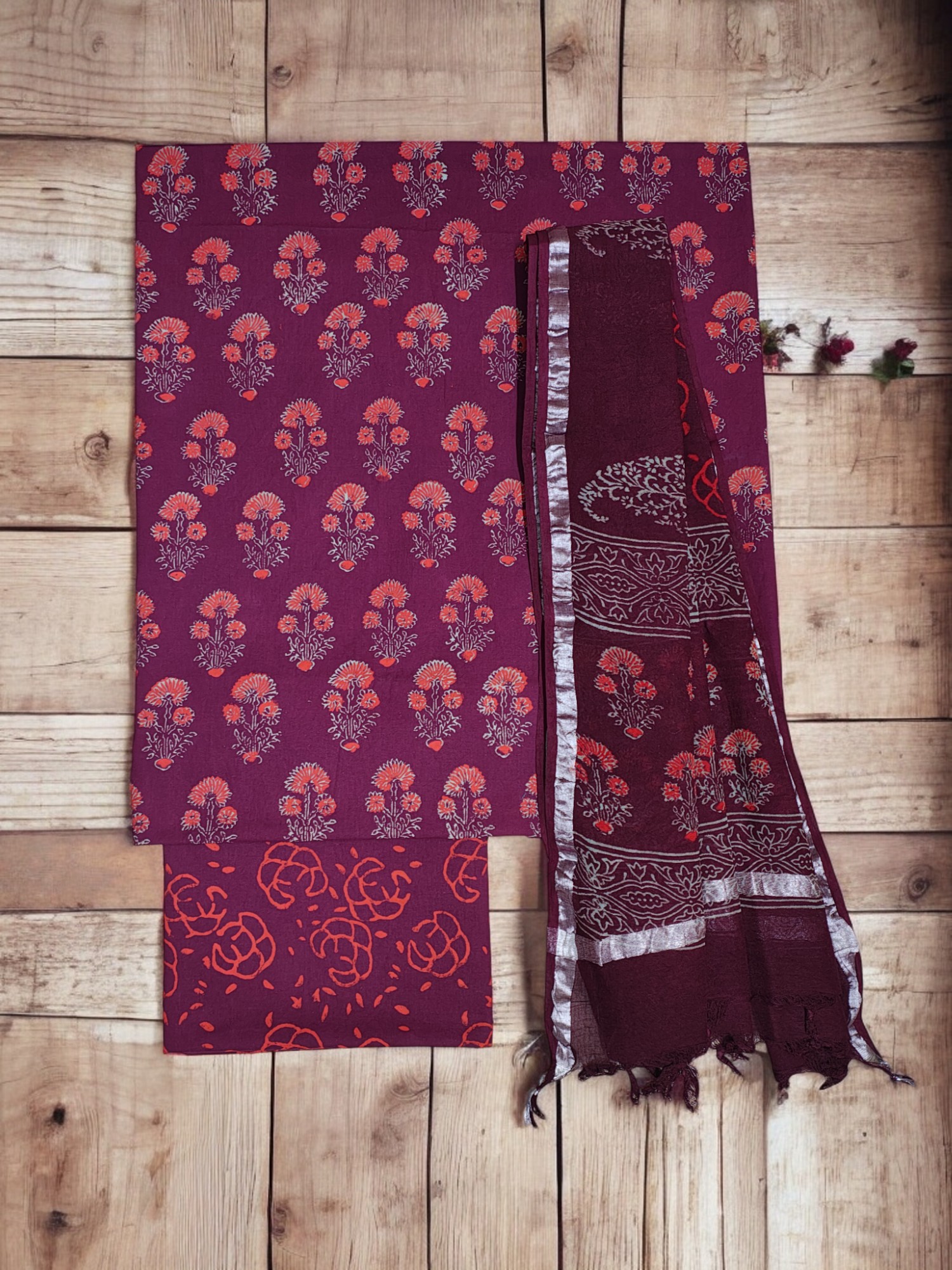 Wine Unstitched Hand block Print Cotton Salwar Suit Set with Linen Dupatta for Women