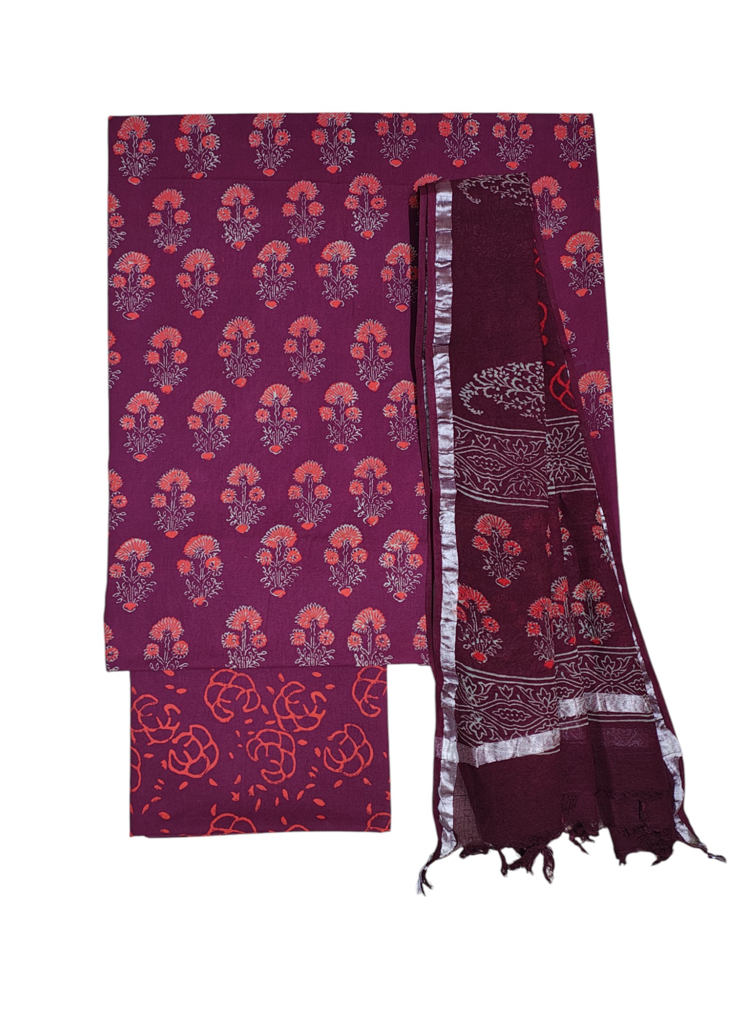 Wine Unstitched Hand block Print Cotton Salwar Suit Set with Linen Dupatta for Women