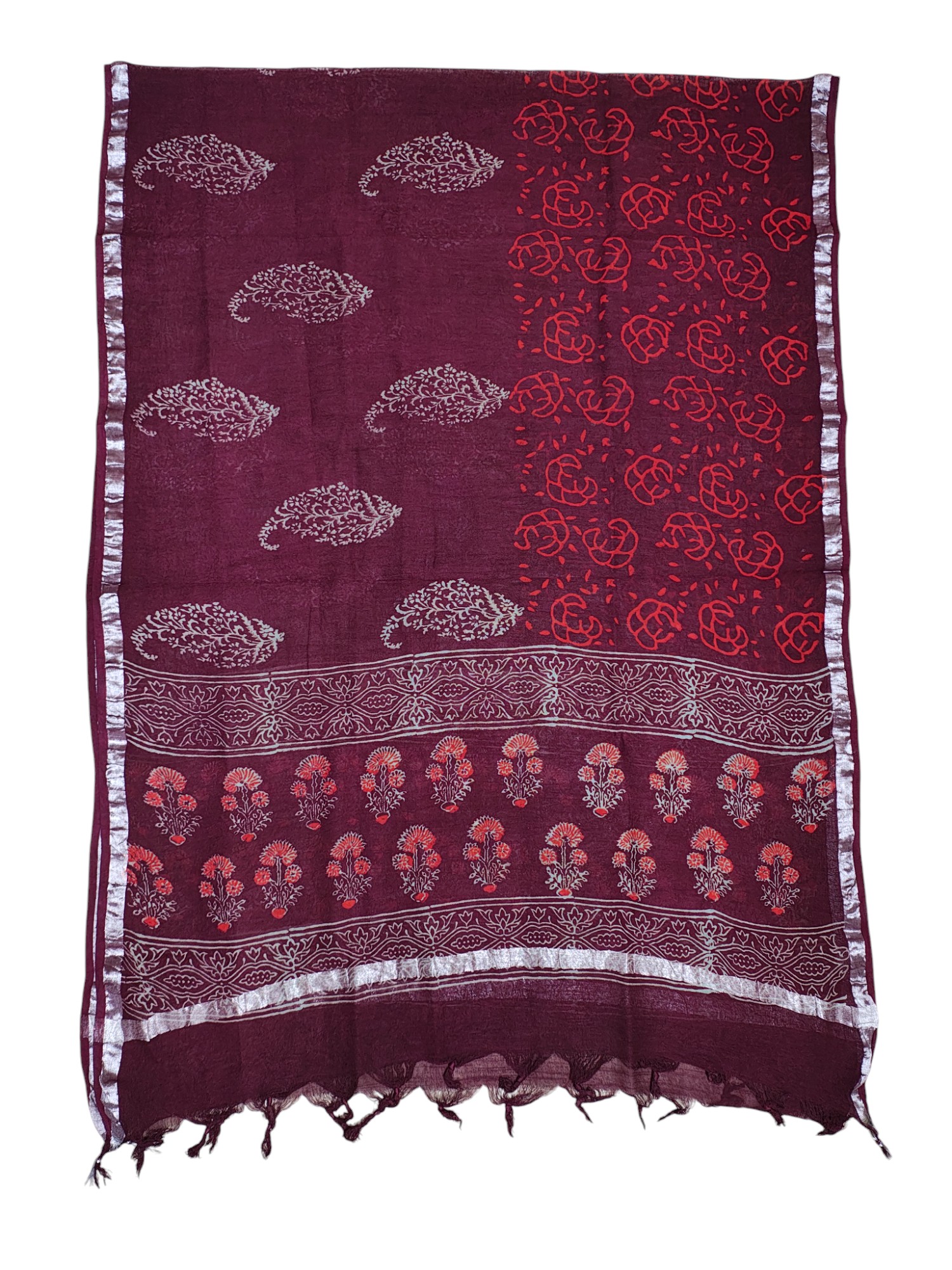 Wine Unstitched Hand block Print Cotton Salwar Suit Set with Linen Dupatta for Women