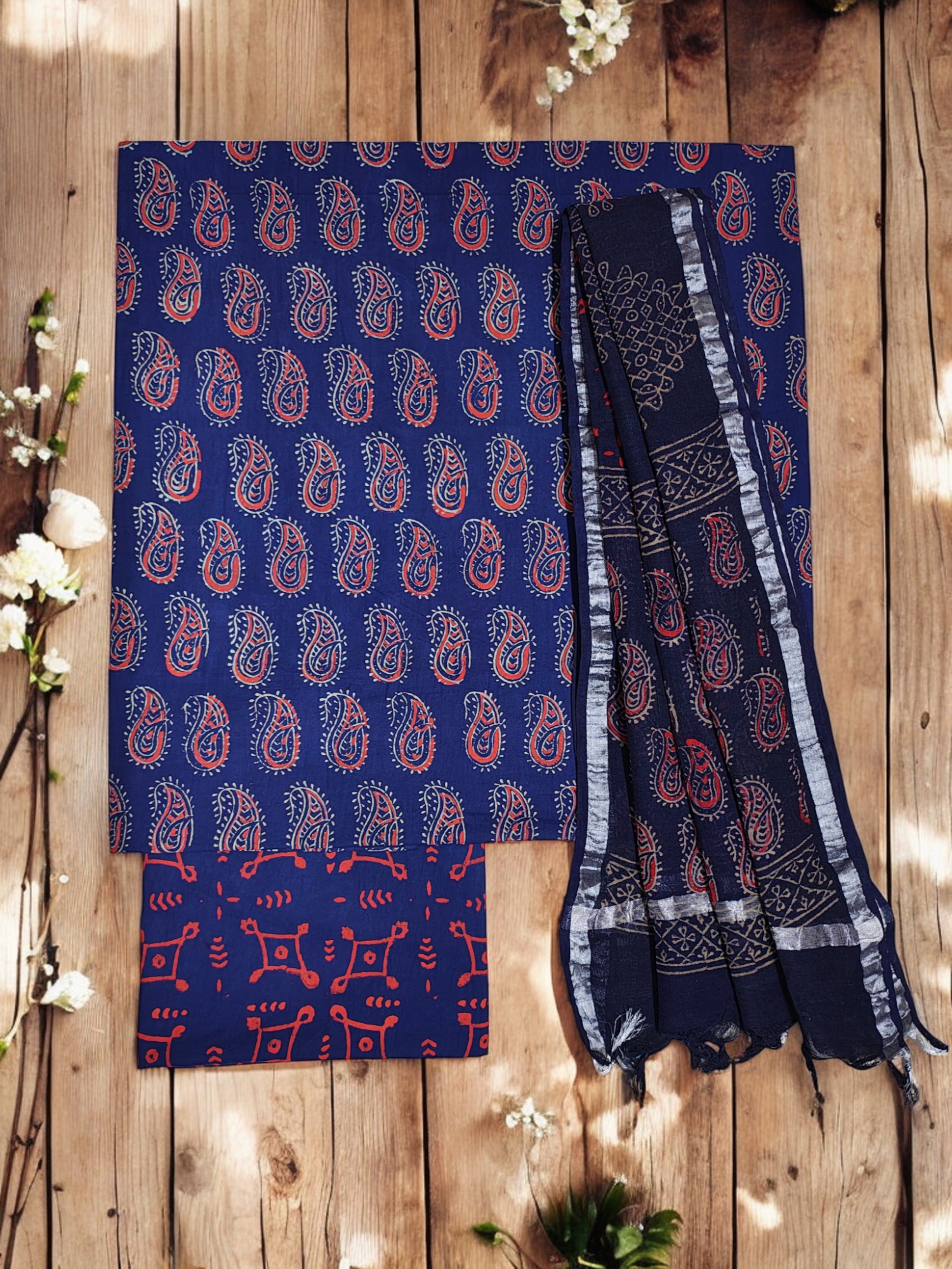 Indigo Unstitched Hand block Print Cotton Salwar Suit Set with Linen Dupatta for Women