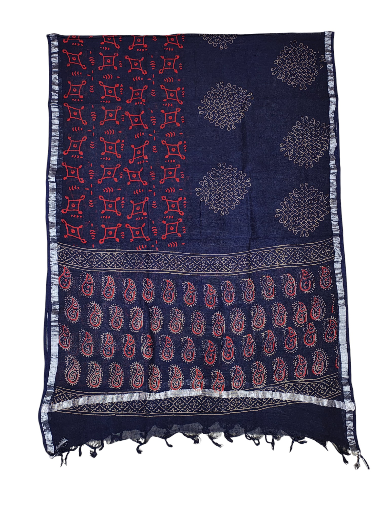 Indigo Unstitched Hand block Print Cotton Salwar Suit Set with Linen Dupatta for Women