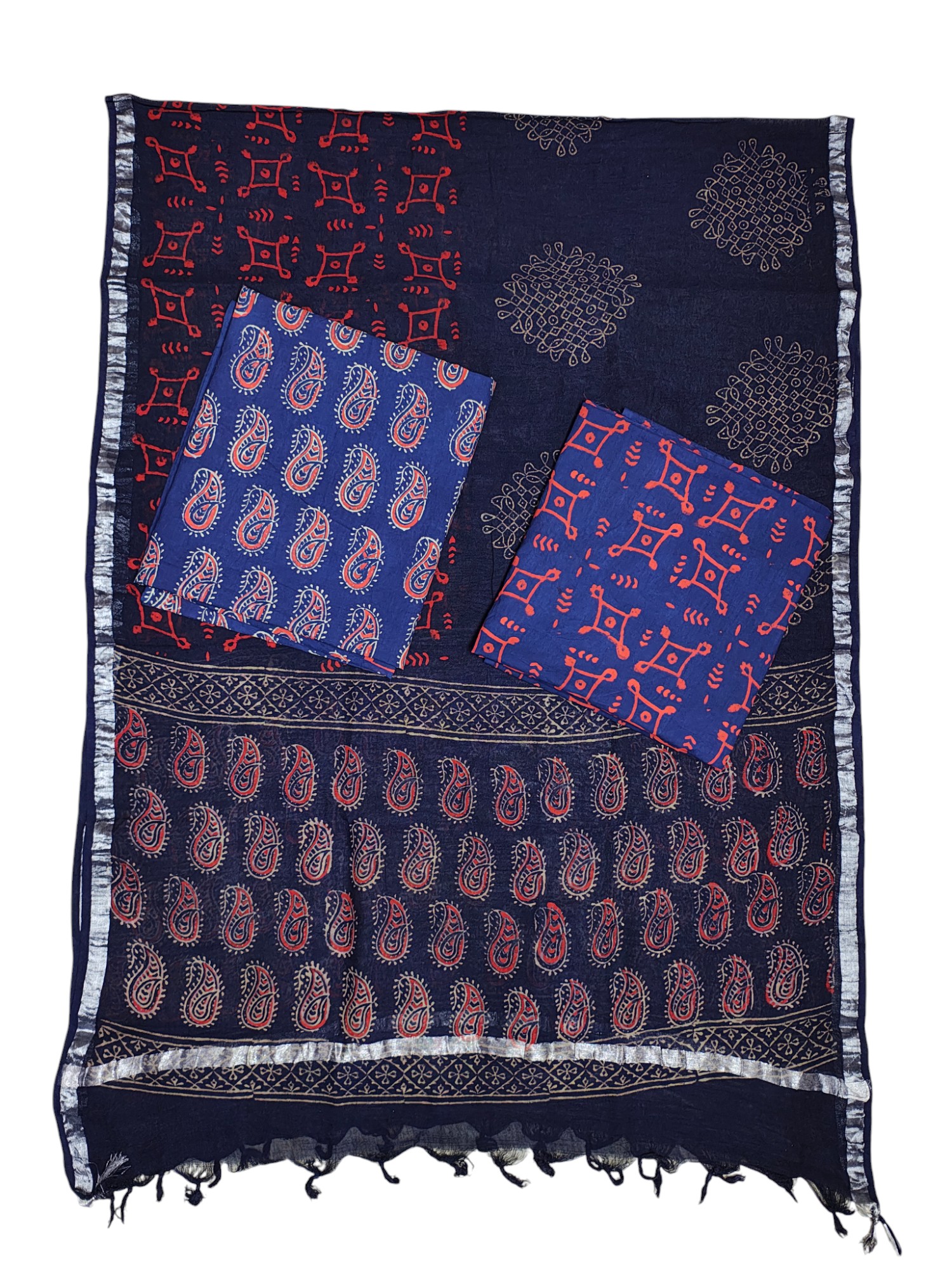 Indigo Unstitched Hand block Print Cotton Salwar Suit Set with Linen Dupatta for Women