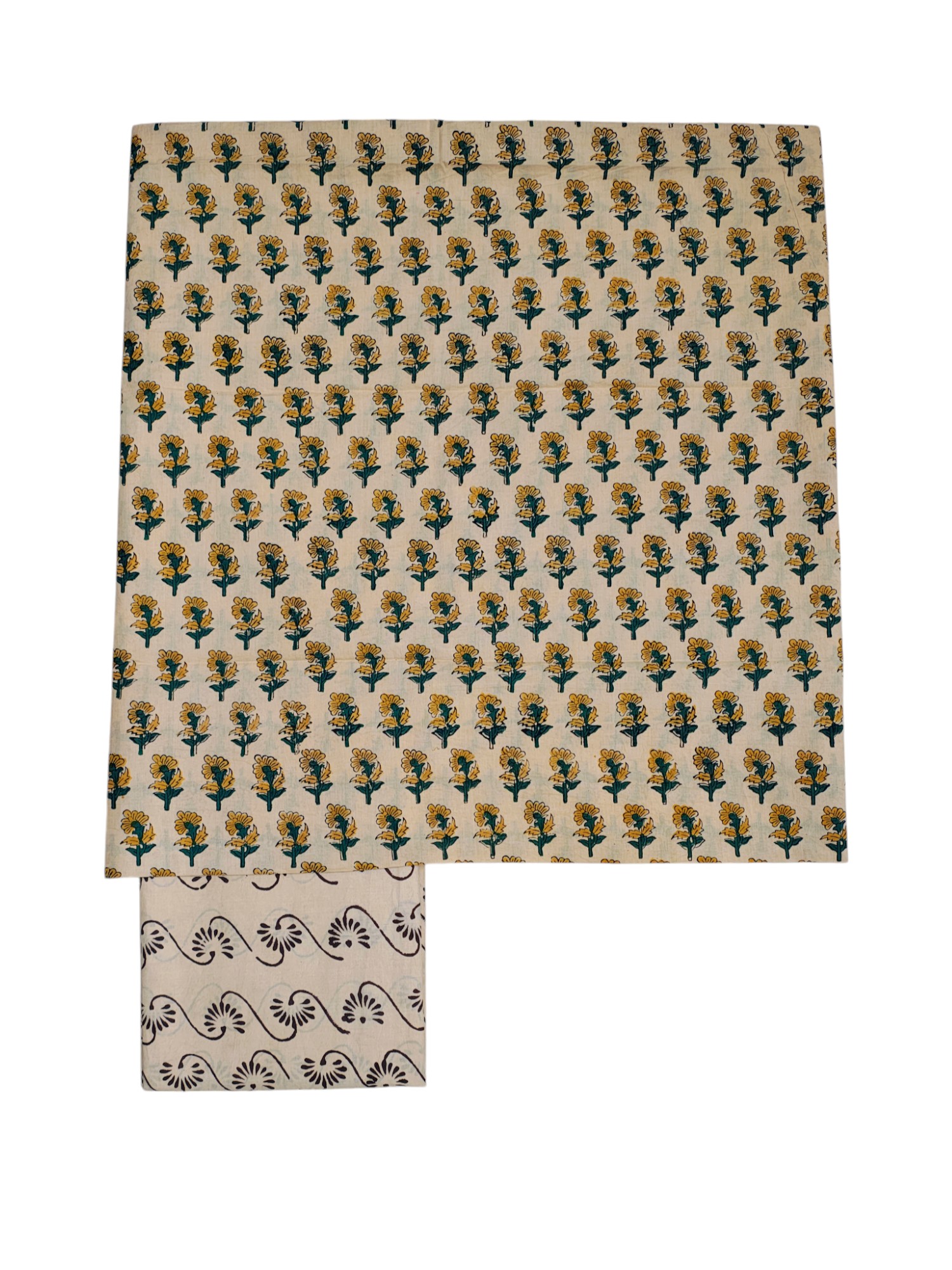 Cream & Green Bagru Block Printed Pure Cotton Dress Material