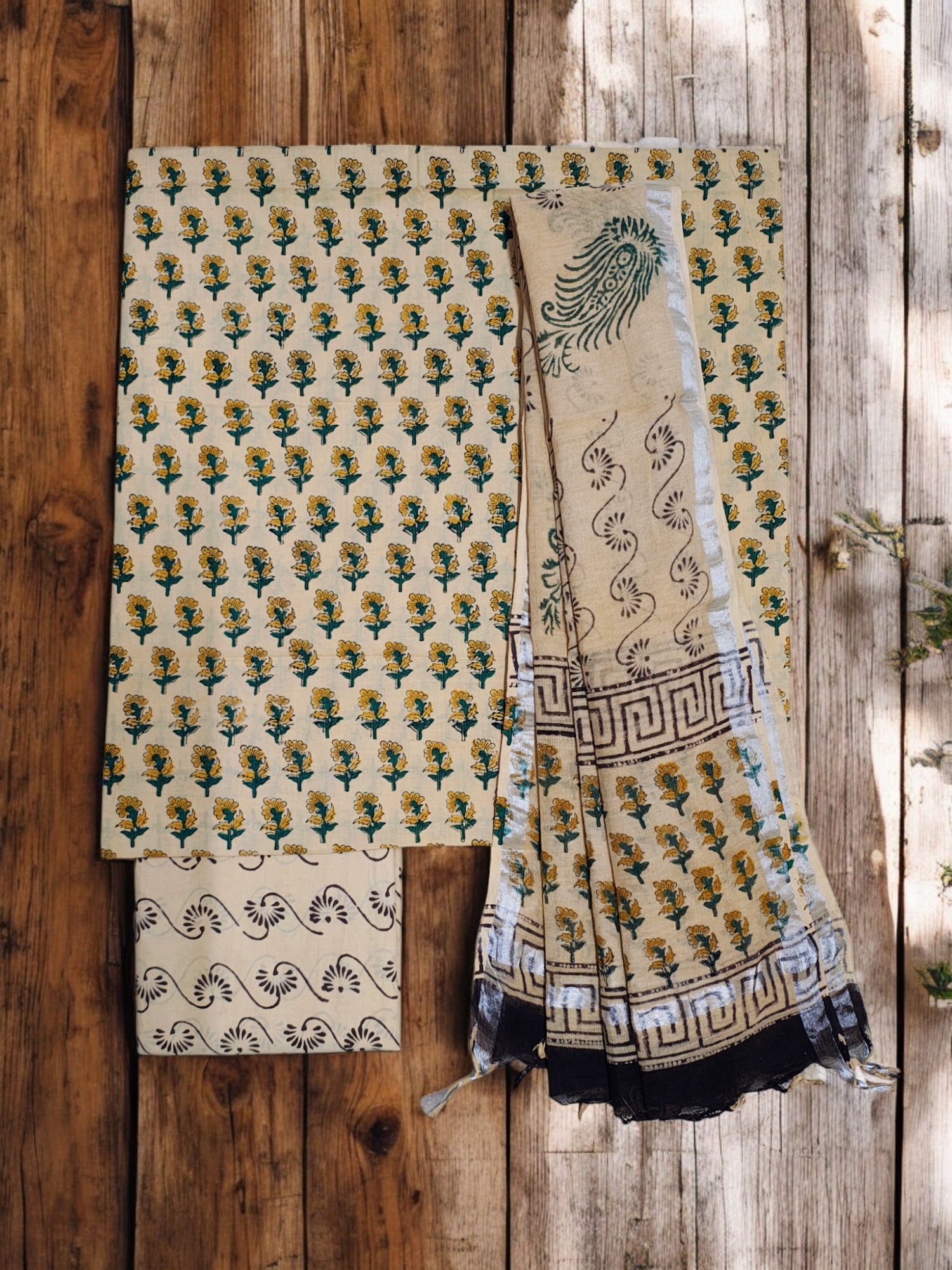 Cream & Green Bagru Block Printed Pure Cotton Dress Material