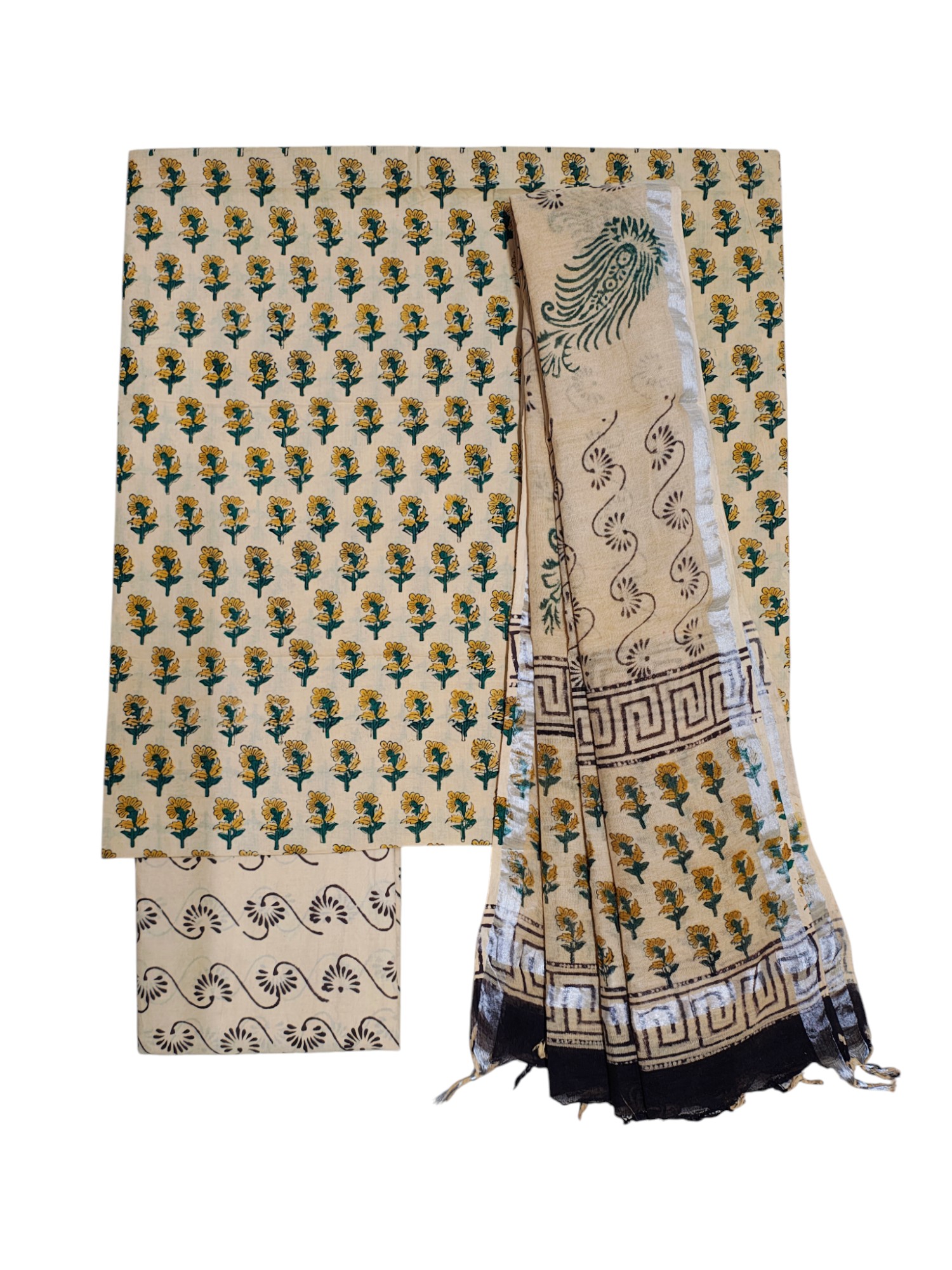 Cream & Green Bagru Block Printed Pure Cotton Dress Material