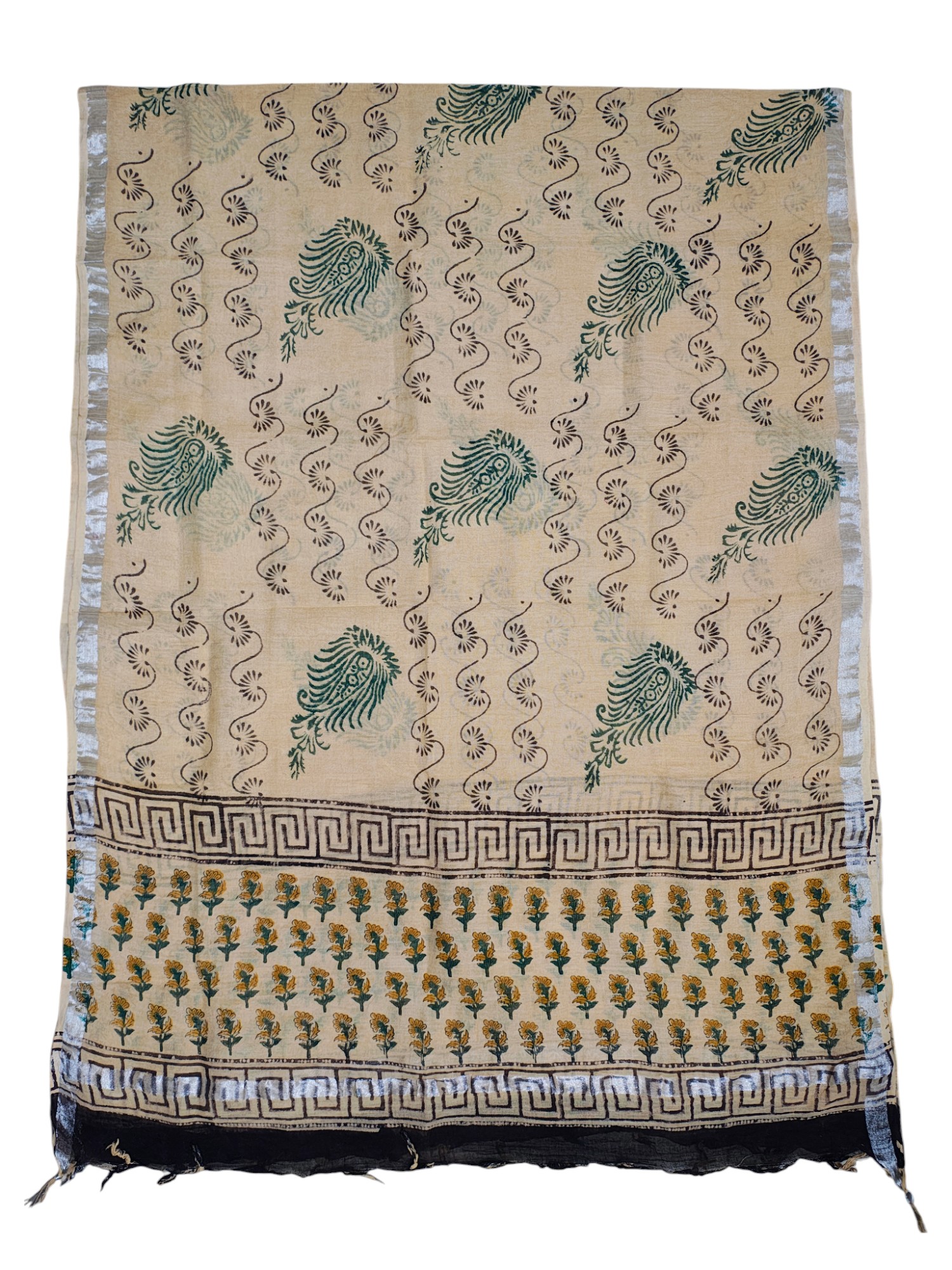 Cream & Green Bagru Block Printed Pure Cotton Dress Material