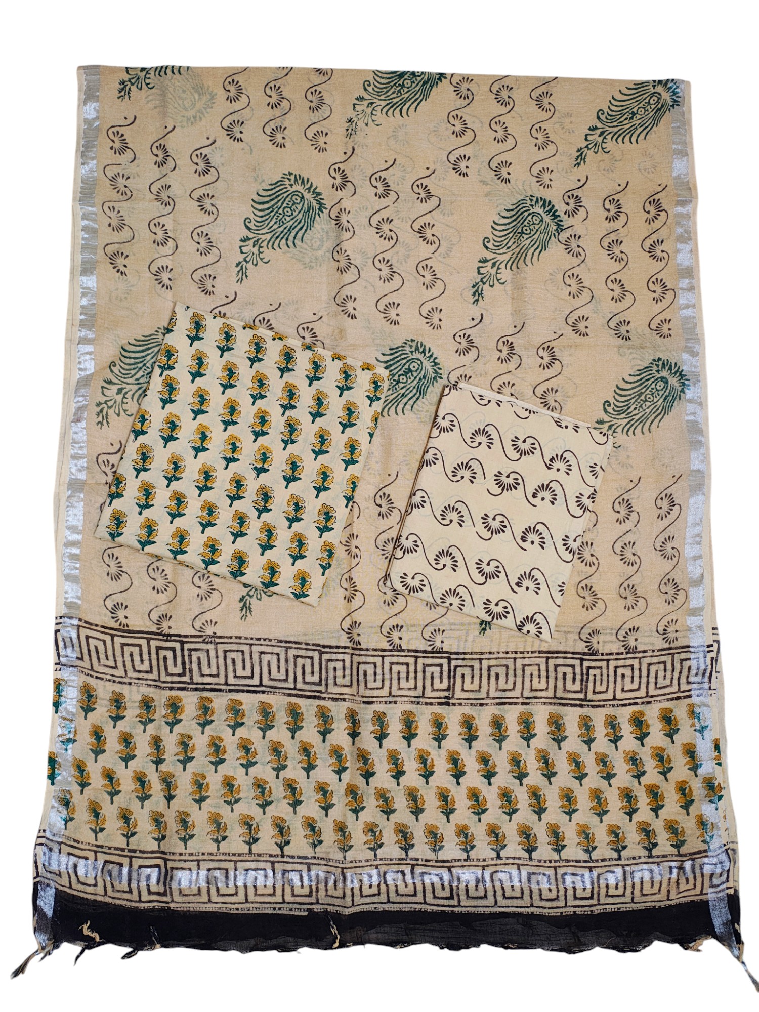 Cream & Green Bagru Block Printed Pure Cotton Dress Material
