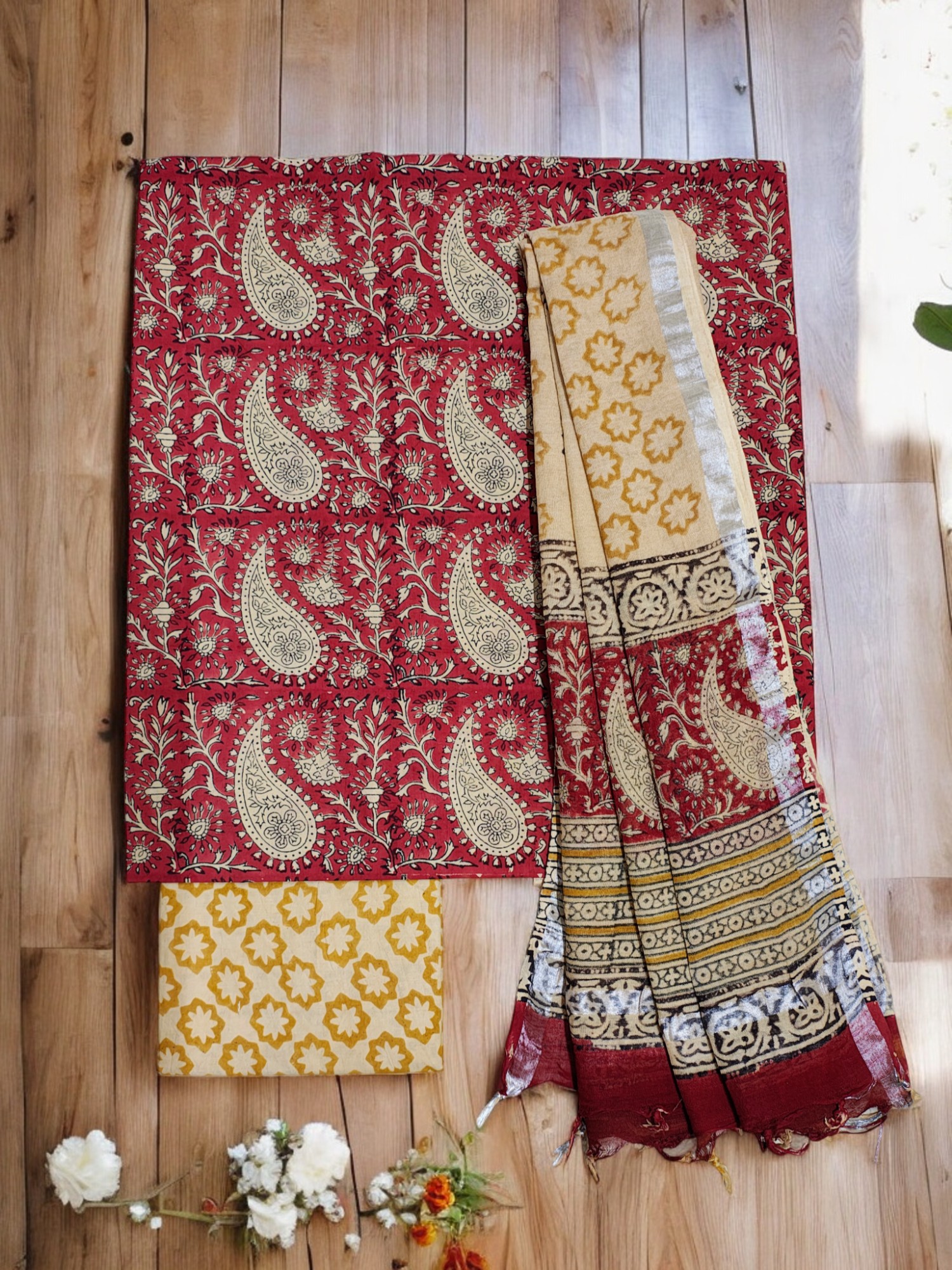 Dark Red Bagru Block Printed Pure Cotton Unstitched Suit Set