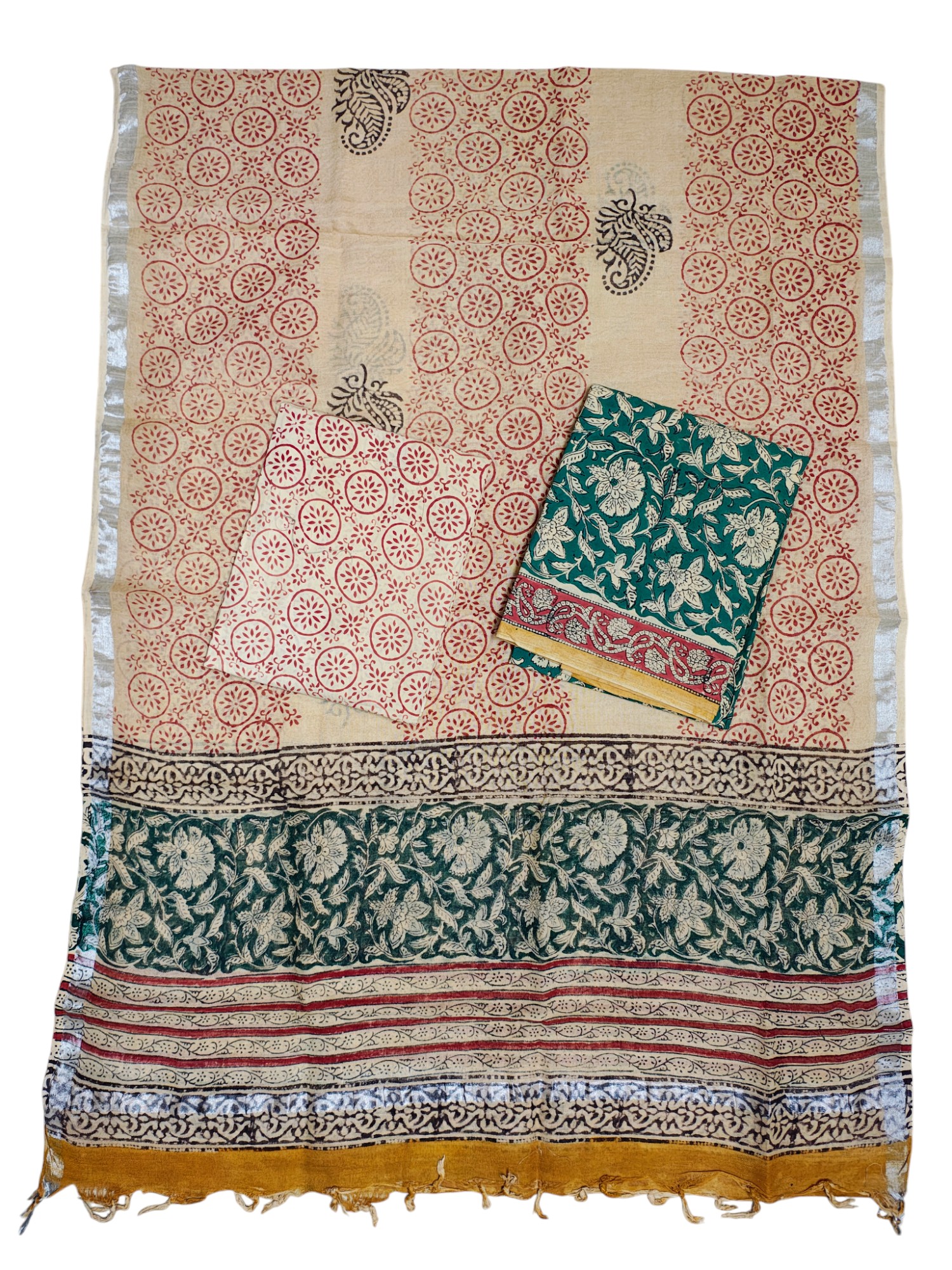 Green Bagru Block Printed Pure Cotton Unstitched Suit Set