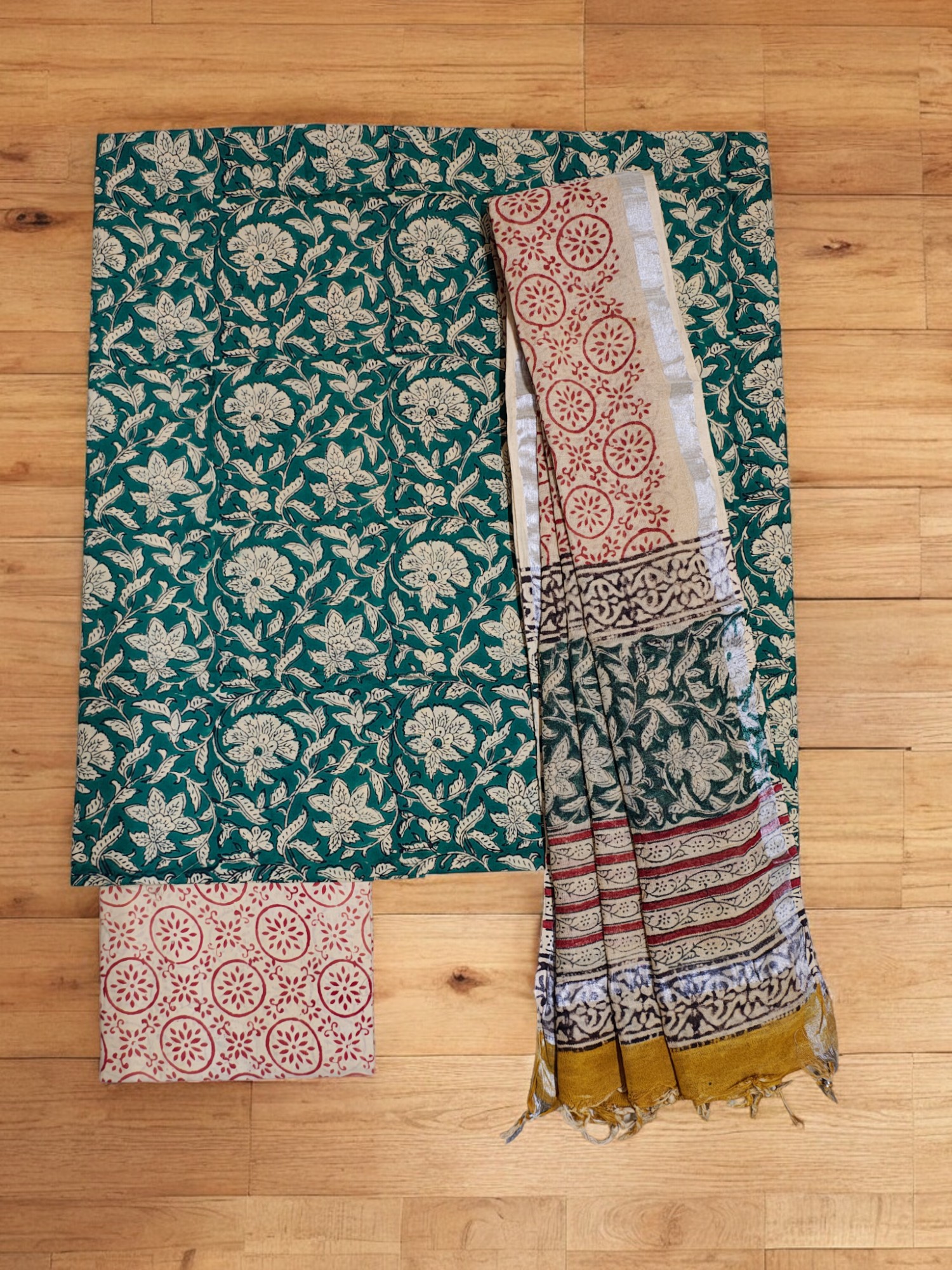 Green Bagru Block Printed Pure Cotton Unstitched Suit Set