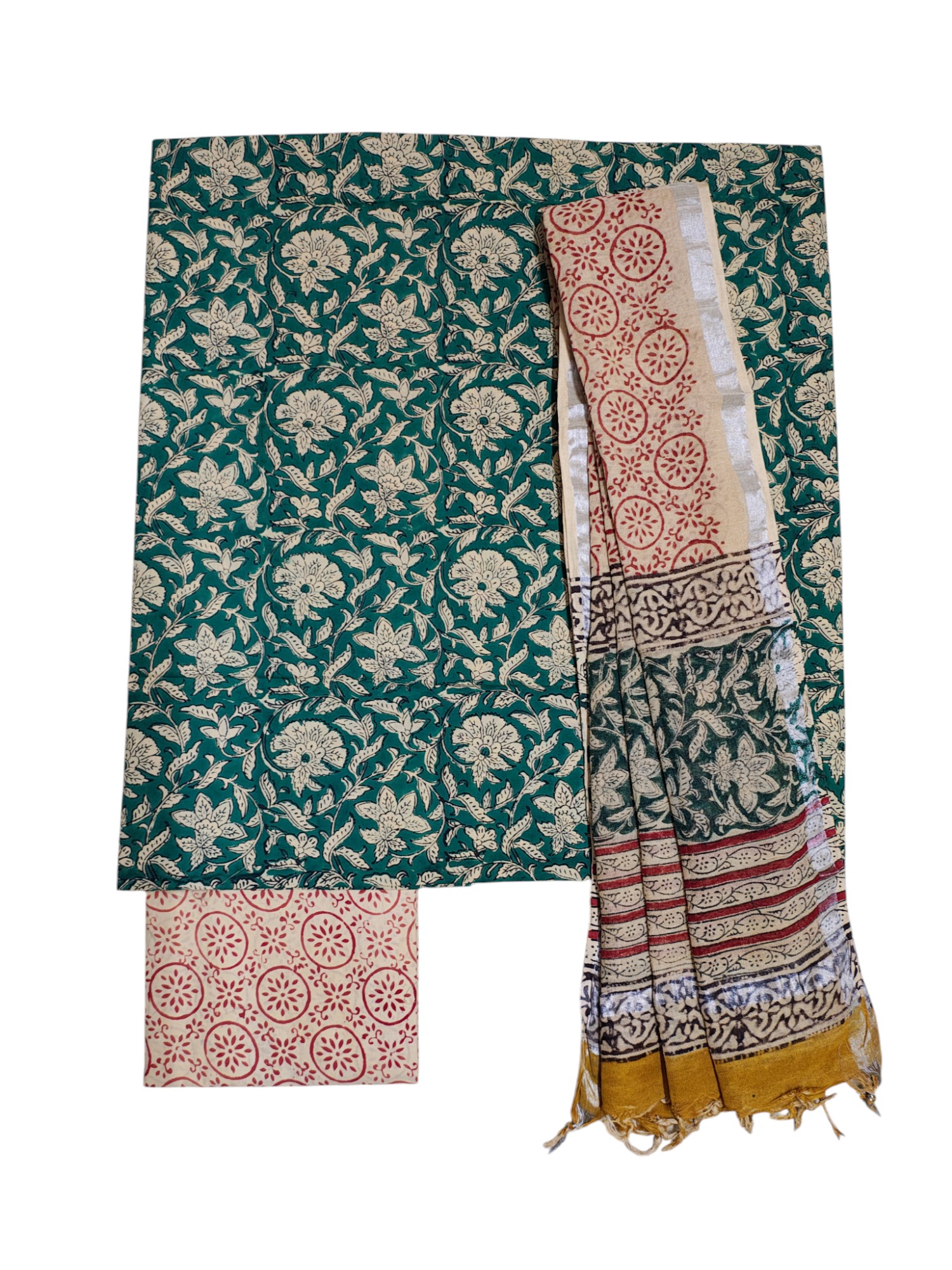 Green Bagru Block Printed Pure Cotton Unstitched Suit Set