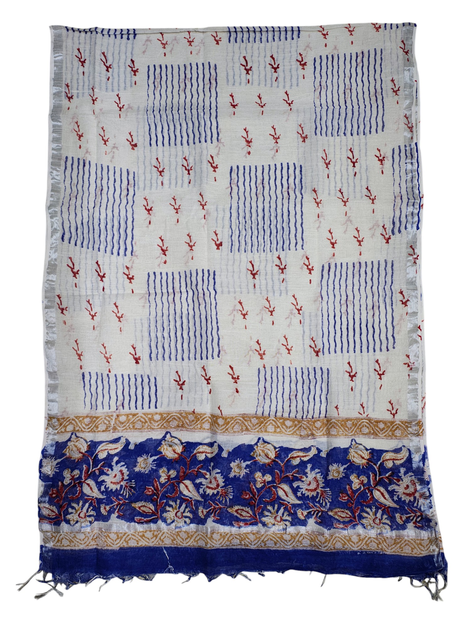 Blue Sanganeri block Print Cotton Unstitched Salwar Suit Set with Linen Dupatta