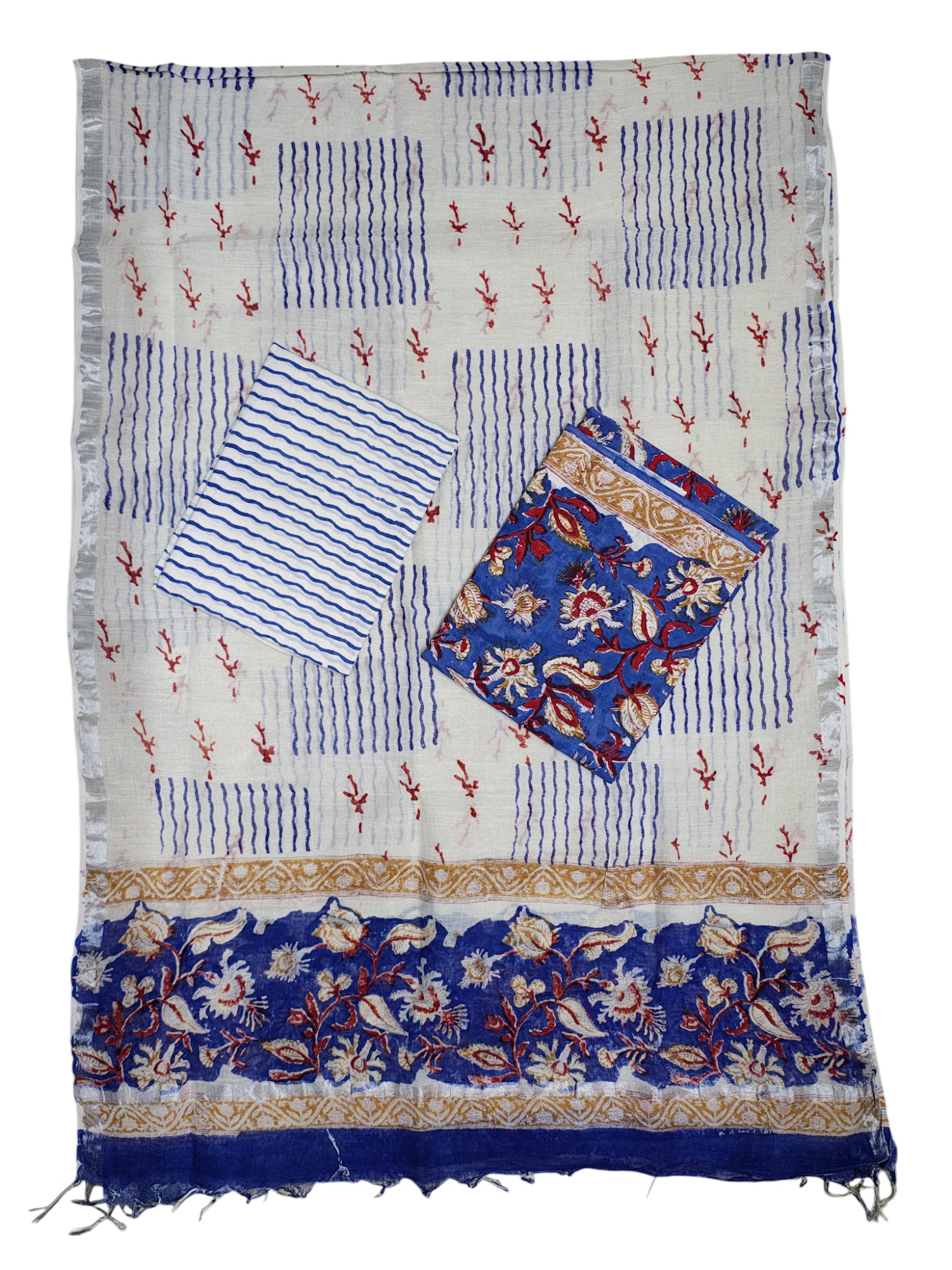 Blue Sanganeri block Print Cotton Unstitched Salwar Suit Set with Linen Dupatta