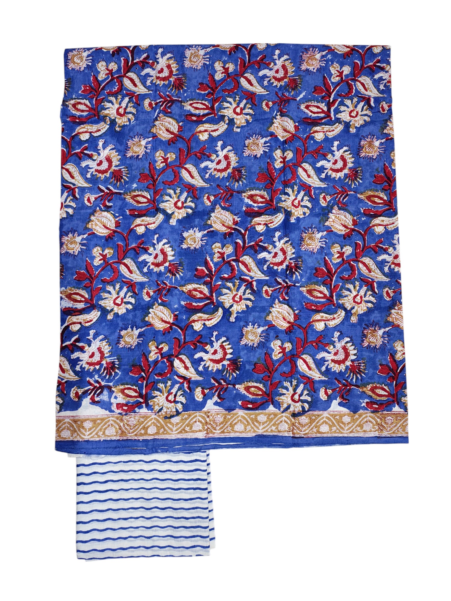 Blue Sanganeri block Print Cotton Unstitched Salwar Suit Set with Linen Dupatta